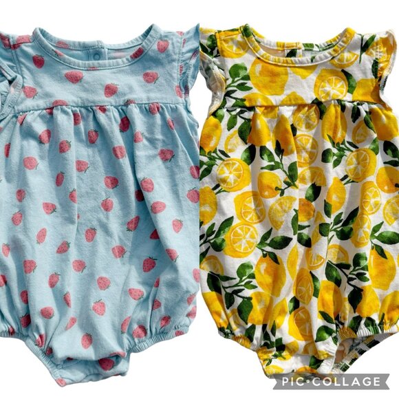 Lot of 2 Baby Girl One Piece Romper Bodysuits 6-12 Months Old Navy Blue Yellow - Picture 1 of 2